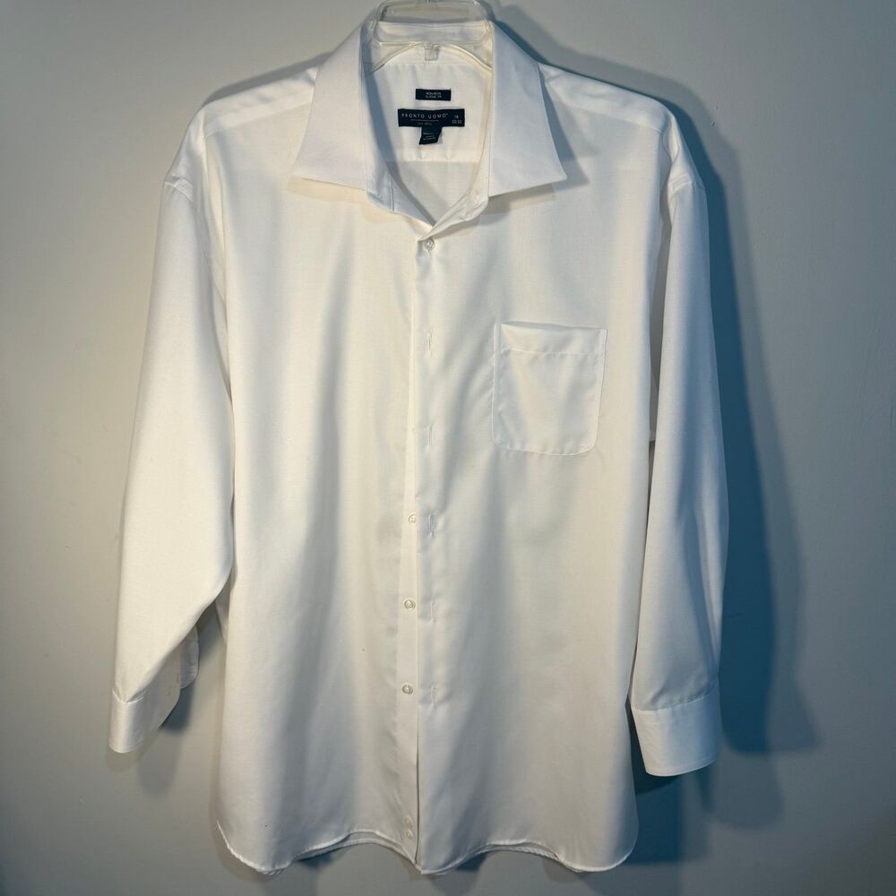 Pronto Uomo 18 32/33 Non Iron Classic Fit Dress Shirt All White 100% Cotton